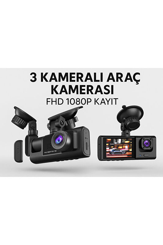 Araç İçi 3 Kameralı Güvenlik Sistemi Ön + Arka + İç Kamera ile Her An Kayıtta